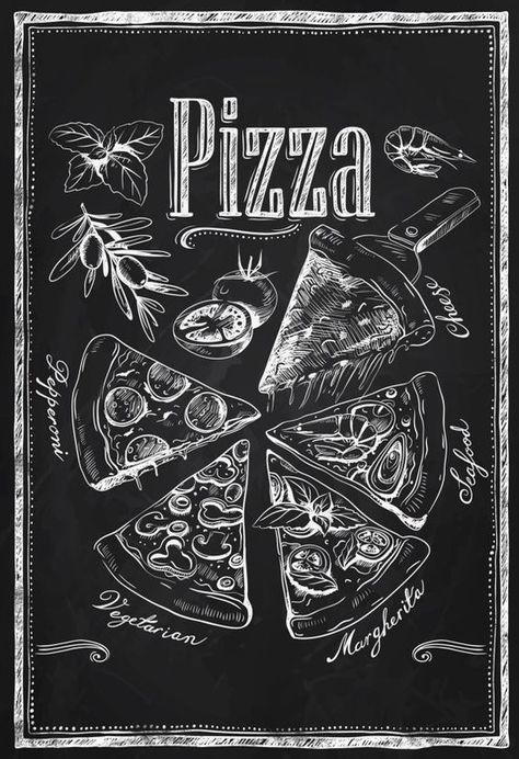 https://www.minilinkurl.com/6pz9t Pizza Types, Images Victoriennes, Blackboard Art, Kitchen Chalkboard, Pizza Art, Chalk Wall, Pizza Menu, Chalkboard Lettering, Pizza Design