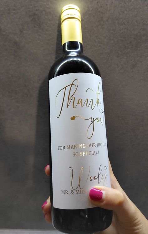 Show your appreciation with these beautiful gold foil thank you wine labels. Perfect for any occasion, these labels will add a touch of elegance to your gift. #thankyouwinelabels #winelabels . #Wine_Bottle_Wedding_Gift #Wine_Bottle_Wedding_Favors #Custom_Wine_Labels_Wedding #Custom_Wine_Bottle_Labels Wine Bottle Wedding Gift, Red Silver Wedding, Wine Bottle Wedding Favors, Custom Wine Labels Wedding, Custom Wine Bottle Labels, Wine Wedding Favors, Wedding Bottle Labels, Junior Bridesmaid Gifts, Custom Wine Bottles