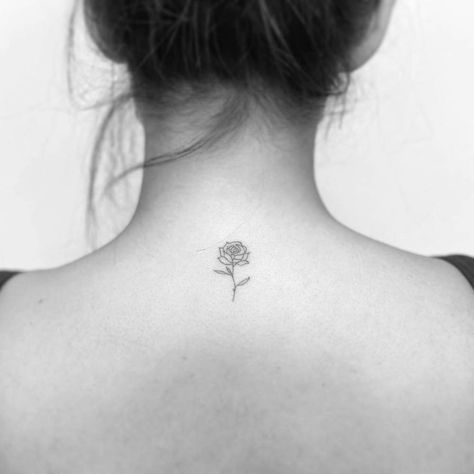 Small Rose Tattoo No Stem, Rose Tattoo Without Stem, Fineline Rose Tattoo Design, Upper Back Flower Tattoo, Back Rose Tattoo Women, Rose Tattoo Back Of Neck, Flower Back Tattoos For Women, Rose Neck Tattoo Woman, Fine Line Tattoo Shoulder