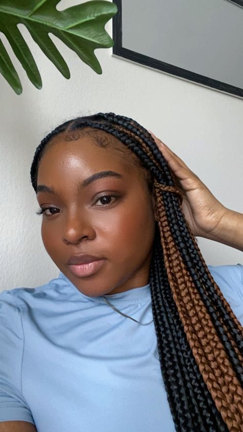 Braids With Brown In The Back, Box Braid Brown And Black, Knotless Box Braids With Color Brown, Brown And Blonde Knotless Braids Black Women, Black Woman Box Braids, Black And Brown Braids For Black Women, Black Brown Braids For Black Women, Different Brown Braids, Ideas For Braids Black Women