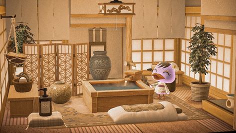 Acnh Zen Room, Acnh Tatami Design, Asian Theme Living Room, Acnh Spa, Acnh Abandoned, Acnh Zen, Japanese House Interior, Acnh Japanese, Abandoned Island