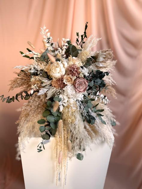 Boho Wedding Bouquet Cascading Bridal Bouquet With Preserved Roses and Pampas Grass Wedding Centerpiece Fall Bridal Bouquet Decorflowerbar - Etsy Boho Wedding Bouquet Spring, Country Wedding Flowers Bouquet, Rustic Boho Wedding Bouquet, Western Floral Arrangements, Wedding Color Ideas Summer, Boho Wedding Flowers Bouquet, Boho Bride Bouquet, Wedding Bouquet Pampas, Spring Boho Wedding