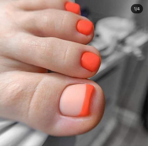 Pedicure Ideas Neon, Pedicure Ideas Bright, Orange Pedicure Toenails, Bright Summer Toe Nails, Orange Toenails, Peach Toe Nails, Big Toe Nail Designs, Orange Toes, Summer Pedicure Designs Toenails