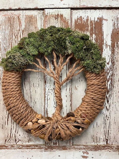 DIY Tree Of Life Wreath - The Shabby Tree Diy Tree Of Life Wreath, Weeping Wreaths, Autumn Wreath Ideas, Tree Of Life Wreath, Diy Tree Of Life, Woven Wreath, Rope Wreaths, Rope Wreath Diy, Cross Wreath Diy