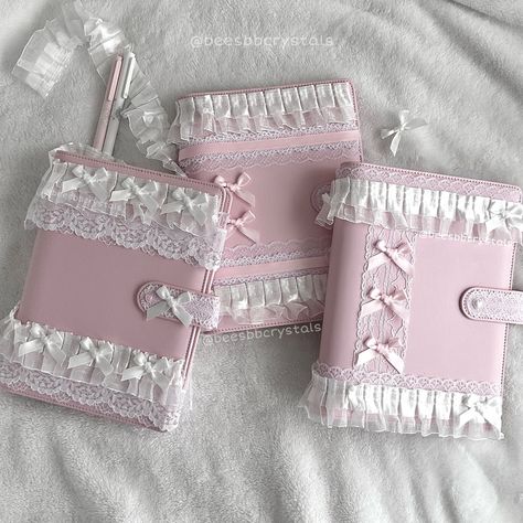 Coquette stationary Decorated Binders, Pink Diary Aesthetic, Coquette Stationary, Pink Aesthetic Journal, Coquette Notebook, Decorated Notebooks, Pink Binder, Washi Tape Designs, Binder Decoration