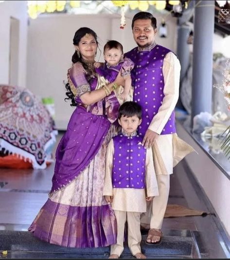 Couple Outfit Traditional, Traditional Family Combo Dress, Family Dresses Indian, Family Outfits For Wedding Indian, Family Twinning Outfits Indian Traditional, Mom Daughter First Birthday Outfit, Birthday Outfit For Family Indian, Family Dress Code For Birthday Party, Naming Ceremony Dress For Family