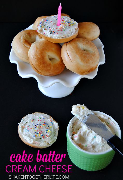 Cake Batter Cream Cheese Birthday Cake Cream Cheese, Cake Batter Cream Cheese, Roosters Crowing, Cheese For Breakfast, Cream Cheese Spread Recipes, Bagel Spread, Breakfast Birthday, Cake Dip, Mini Bagels