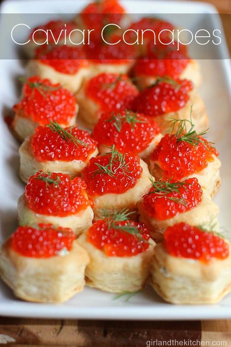 Caviar Canapes from the Girl and the Kitchen is a super elegant appetizer with caviar and frozen puff pastry that makes the easiest and most festive looking side dish for an event! Savory Butter, Caviar Appetizers, Beautiful Recipes, Caviar Recipes, Puff Pastries, Mini Appetizers, Red Caviar, Baby Finger Foods, Delicious Appetizer Recipes