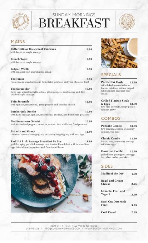 Morning Breakfast Menu Example Design Template by MustHaveMenus Fine Dining Breakfast, Brunch Menu Design, Breakfast Menu Ideas, Breakfast Menu Design, Fine Dining Menu, Menu Design Layout, Menu Sans Gluten, Bistro Menu, Menu Design Inspiration