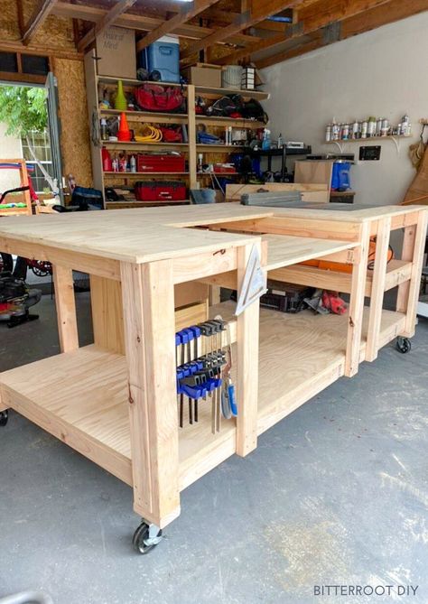 DIY Mobile Workbench with Table Saw & Miter Saw | Workbench With Table Saw, Diy Mobile Workbench, Garage Workbench Plans, Table Saw Workbench, Table Saw Stand, Mobile Workbench, Workbench Plans Diy, Diy Table Saw, Woodworking Bench Plans