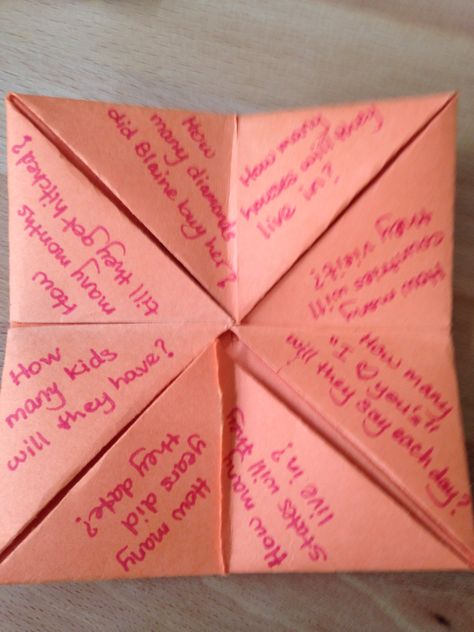 Sorry for the poor picture quality! I made these 90's fortune teller games with bridal shower questions on them. You can see them on the tables. Fortunes For Fortune Tellers, Funny Fortunes For Fortune Tellers, Fortune Teller Ideas, Fortune Teller Origami, Funny Fortunes, Fortune Teller Game, Origami Fortune Teller, Bridal Shower Questions, Fortune Teller Paper