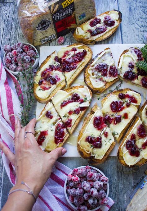 Baked Brie Toast with Cranberries • Two Purple Figs Brie Toast, Fig Brie, Bruschetta Toast, Appetizers For Christmas, Fruit Toast, Brie Cranberry, Tiny Bites, Jam Toast, Mediterranean Diet Recipes Dinners