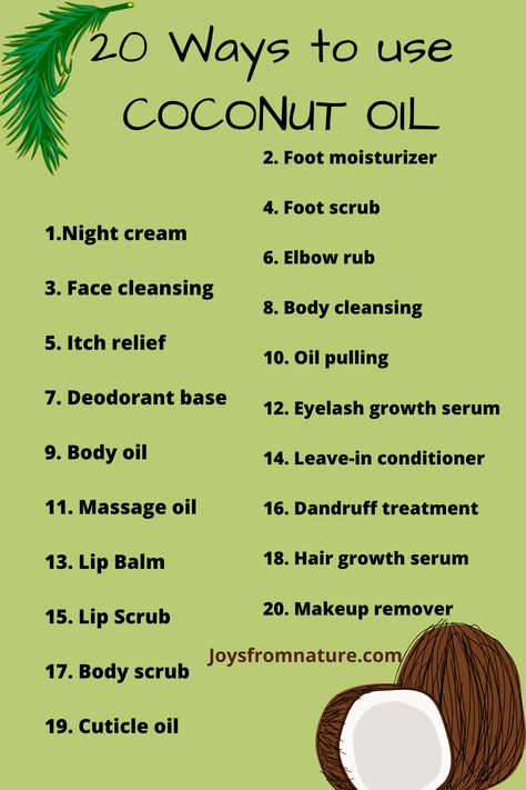 Coconut oil can be used in many ways for skin care, hair care and overall body care. Here are 20 ways to use coconut oil. Read the full article for fun recipes and tips. Coconut Oil Hacks, Ways To Use Coconut Oil, How To Use Coconut Oil For Skin, How To Make Coconut Oil, How To Use Coconut Oil For Hair, Use Of Coconut Oil, Coconut Oil Uses For Skin, Coconut Oil For Lips, Uses Of Coconut Oil