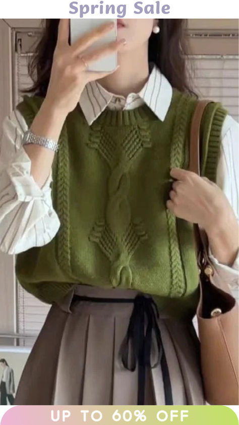 Women Green O Neck Patchwork Cozy Cotton Knit Waistcoat Sleeveless Light Academia Green Outfits, Light Green Outfits For Women, Clothes Haul, Light Academia Outfit, Knit Waistcoat, Office Fits, Buyer Persona, Natural Linen Dress, Character Fashion