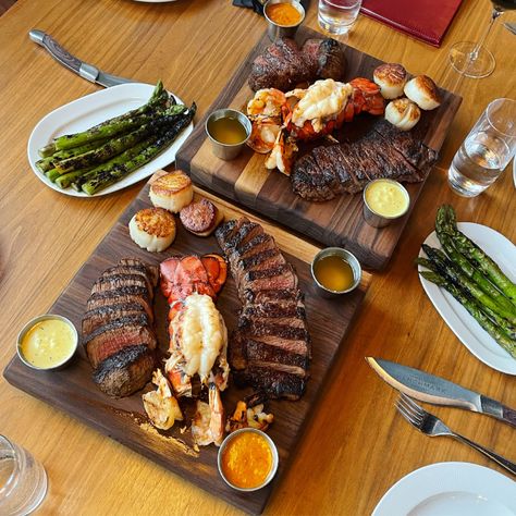 Upscale stop for steak and seafood Steak Buffet, Steak Platter, Restaurant Table Decor, Steak Menu, Steak And Lobster, Seafood Platter, Steak And Seafood, Restaurant Ideas, Cinderella Wedding