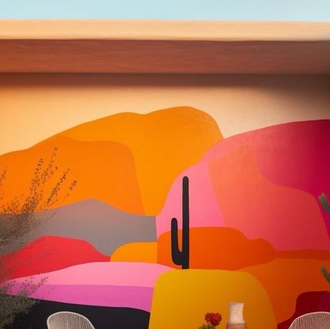 Blaise Danio on Instagram: "You can take the girl out of the desert 🌵Sunset colors will forever by the palette that brings me the most joy 💫" Sunset Painted Wall, Desert Playroom, Desert Sunset Mural, Kids Playroom Mural Ideas, Desert Mural Wall, Yard Mural, Airbnb Styling, Cowboy Pools, Cactus Mural