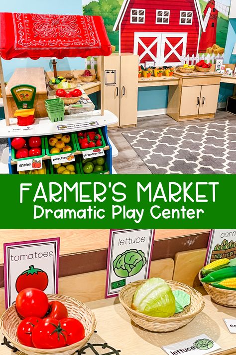 Farm Harvest Crafts Preschool, Preschool Market Day Ideas, Farm Dramatic Play Preschool Ideas, Farm Stand Dramatic Play, Farmers Market Sensory Bin, Farmers Market Play, Fall Market Dramatic Play, To Market To Market Preschool Activities, Farmers Market Play Area