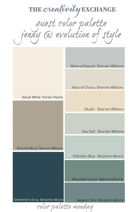 Collection of warm transitional Paint colors from Guest Blogger Jenny @ Evolution of Style. {Color Palette Monday} Natural Choice Sherwin Williams, Transitional Paint Colors, Study Blue, Palladian Blue Benjamin Moore, Manchester Tan, Palladian Blue, Vibeke Design, Favorite Paint Colors, Interior Painting