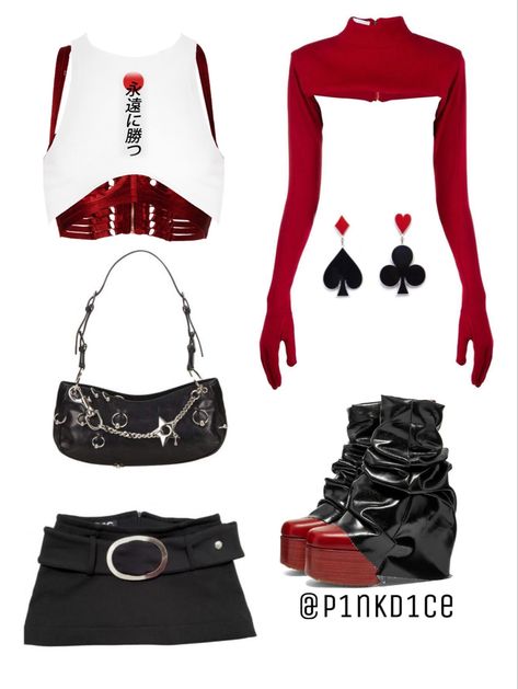 Incubi Fashion, 90s Popstar Outfit, Gambler Aesthetic Outfit, Glamrock Aesthetic Clothes, God Is A Woman Outfits, Alastor Inspired Outfit, Pop Star Outfit Ideas, Red White Black Outfit, Red White And Black Outfits