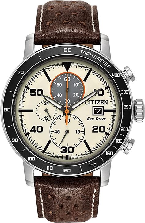 Amazon.com: Citizen Men's Eco-Drive Weekender Brycen Chronograph Watch in Stainless Steel, Brown Leather strap, Ivory Dial (Model: CA0649-06X) : Clothing, Shoes & Jewelry Brown Leather Strap Watch, Mens Chronograph, Skeleton Watches, Crystal Water, Citizen Watch, Citizen Eco, Eco Drive, Luxury Timepieces, Stylish Watches