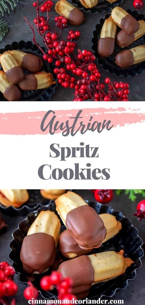 Austrian Spritz Cookies with Jam dipped into chocolate make for the perfect addition to your cookie platter! A traditional Austrian Christmas Cookie recipe for jam cookies that melt in your mouth. Austrian Cookies, Austrian Christmas Traditions, Austrian Christmas Cookies, Gingerbread Spritz Cookie Recipe, Best Spritz Cookie Recipe Christmas, Spiced Jam Spritz Cookies, Original Spritz Cookie Recipe, Christmas Cookies Spritz Easy Recipes, Chocolate Spritz Cookies