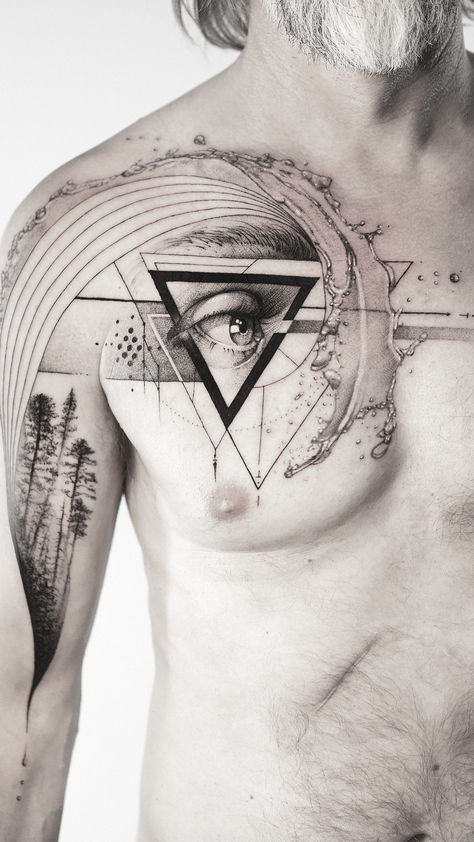 Flow Chest tattoo design concept with water splash, fibonacci sequence and an eye within a black triangle Water Splash Tattoo, Fibonacci Tattoo Design, Black And Grey Chest Tattoo, Geometric Chest Tattoo, Fibinocci Sequence Tattoos, Fibonnaci Sequence Tattoo, Triangle Eye Clock Tattoo Design, Eye With Triangle Tattoo Design, Geometric Third Eye Tattoo Design