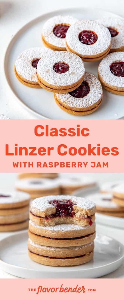 Linzer cookies are a classic during the holidays. A delicious and simple, nutty and almond flavored cookie, with a fruity filling! This recipe is easy to follow and will give you foolproof results. #TheFlavorBender #LinzerCookies #ChristmasCookies #CookieRecipes Lintz Cookies, Linger Cookies, Linzer Torte Recipe, Swirled Cheesecake, Biscuits Sweet, German Dessert, Linzer Cookie, Linzer Cookies Recipe, Bake Ideas