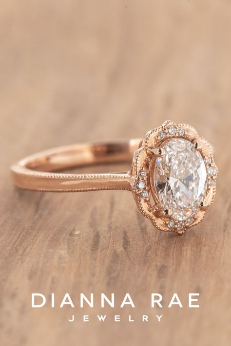 vintage engagement ring, engagement rings, oval diamond, rose gold engagement ring, rose gold Small Diamond Wedding Ring, Daisy Engagement Ring, Vintage Wedding Rings Rose Gold, Vintage Oval Engagement Rings, Beauty And Beast Wedding, Unique Engagement Rings Rose Gold, Verragio Engagement Rings, Daisy Petals, Cute Engagement Rings