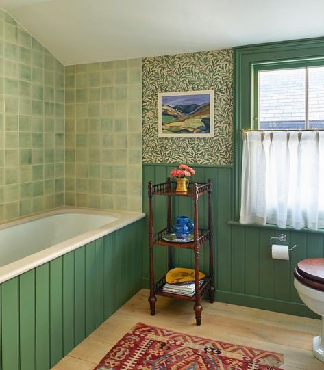 Brandon Schubert on Instagram: “Swipe right to see a “before” image of this bathroom. What a difference simple decorative changes can make.” 1930s Bathroom, Arts And Crafts Bathroom, Painted Wainscoting, Bathroom 2024, Victorian Terrace House, Art Deco Bathroom, Bold Wallpaper, Vintage Tile, New Flat