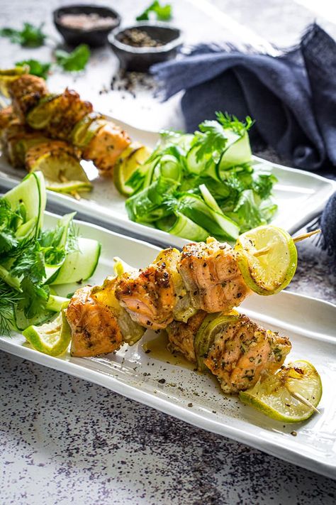 Grilled Salmon Skewers, Lemongrass, Lime & Cucumber Salsa Fancy Dinner Ideas, Tuna Carpaccio, Salmon Skewers, Cucumber Salsa, Pizza Fritta, Parsnip Soup, Caprese Skewers, Fresh Cucumber, Whole Fish