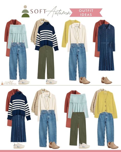 Capsule Wardrobe True Autumn, Summer Pallete Outfits, Soft Autumn Outfits Capsule Wardrobe, Soft Autumn Clothes, Soft Autumn Outfits, Autumn Capsule Wardrobe, Created Colorful, Autumn Color Palette Fashion, Muted Autumn