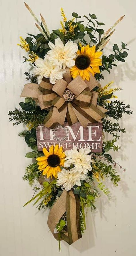 Sunflowers Arrangements, Texas Wreath, Wreath Rails, Sunflower Swag, Swag Wreaths, Floral Swags, Wreath Swag, Sunflower Wall Decor, Fall Decor Wreaths