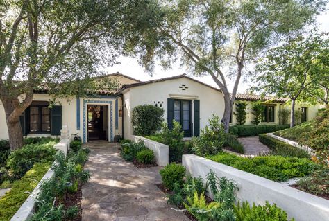 A Luxe, Secluded Santa Barbara Garden Restored, Rose Garden, Pool, and Succulents Included Santa Barbara Garden, Brick Paths, Santa Barbara Style Homes, Santa Barbara House, Spanish Mediterranean Homes, Spanish Exterior, Santa Barbara Style, Low Water Gardening, Brick Path