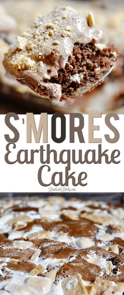 Smores Earthquake Cake is a rich chocolate cake with marshmallow creme swirls and bits of graham cracker/chocolate throughout. Such a great idea for a potluck or a supper club dessert! Cracker Chocolate, Earthquake Cake Recipes, Earthquake Cake, Smores Cake, Cake Rolls, Potluck Desserts, Chocolate Graham Crackers, Household Management, Valentine Desserts