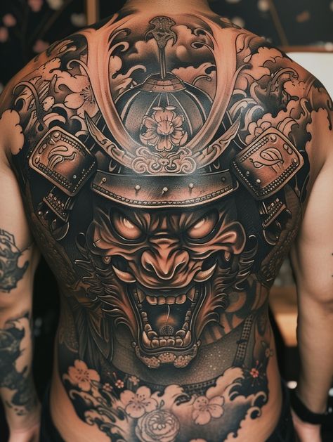 Image Samurai Back Tattoo, Back Piece Tattoo Men, Samurai Tattoo Sleeve, Japanese Back Tattoo, Japanese Tattoos For Men, Oni Tattoo, Tattoo Japanese Style, Hannya Mask Tattoo, Egyptian Tattoo Sleeve