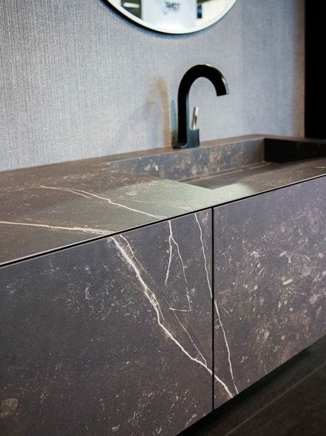 Dekton Bathroom Walls, Dekton Sink Bathroom, Dekton Bathroom, Dekton Countertops Black, Stone Sink Bathroom Modern, Lusso Stone Basin, Concrete Vanity, Stone Benchtop, Powder Room Remodel