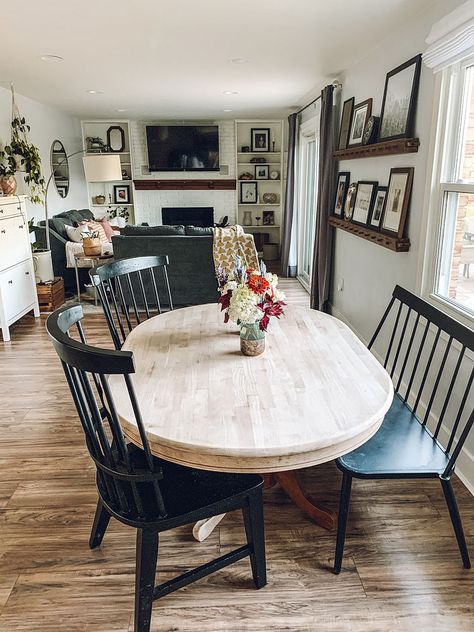 Farmhouse Kitchen Tables Oval, Oval Farmhouse Table With Bench, Refinished Oval Kitchen Table, Refurbished Oval Dining Table, Oval Table Farmhouse, White Wash Kitchen Table With Black Chairs, Oval Table And Chairs, Old Oak Table With Modern Chairs, Bleached Table With Black Chairs