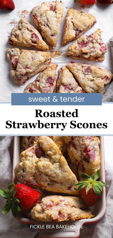 A recipe for buttery roasted strawberry scones that are crispy on the outside, flaky tender on the inside, and lightly sweetened with slow-roasted strawberries. #StrawberryScones #SconeRecipe #Scone #FickleBea American Scones Recipe, Strawberry Scones Recipe, Roasted Strawberry, Strawberry Scones, Scones Ingredients, Roasted Strawberries, Cream Scones, Baking Basics, Scones Recipe