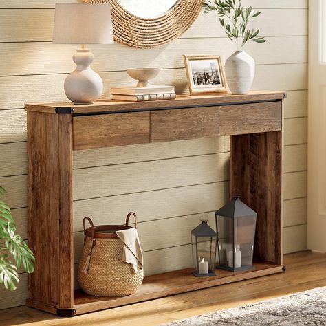 You'll love the Ebern Designs Console Table With 3 Drawers, Narrow Entryway Table, Farmhouse Style at Wayfair - Great Deals on all products with Free Shipping on most stuff, even the big stuff. Long Accent Table, Modern Farmhouse Foyer Entryway, Entryway Table Farmhouse, Wood Entry Table, Organizing Shoes, Books And Plants, Small Entryway Table, Rustic Entryway Table, Stylish Entryway