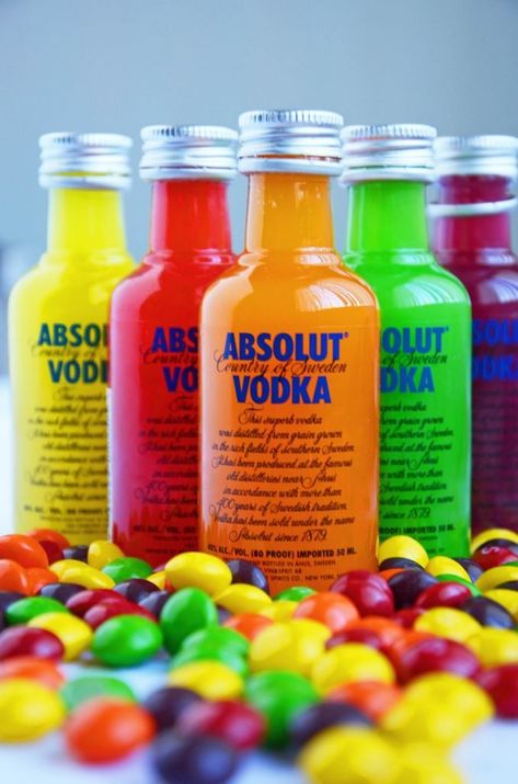 Skittle Vodka, Skittles Vodka, Infused Vodka, Vodka Drinks, Alcohol Drinks, Flavored Vodka, Taste The Rainbow, Adult Beverages, Mini Bottles