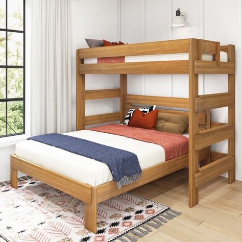 Max and Lily Farmhouse Twin over Queen L Shaped Bunk Bed - Bed Bath & Beyond - 34778620 Queen Bunk Bed, L Shaped Bunk Beds, Queen Bunk Beds, Solid Wood Bunk Beds, Twin Over Full Bunk Bed, Bunk Bed With Trundle, Slatted Headboard, Full Bunk Beds, Queen Mattress Size