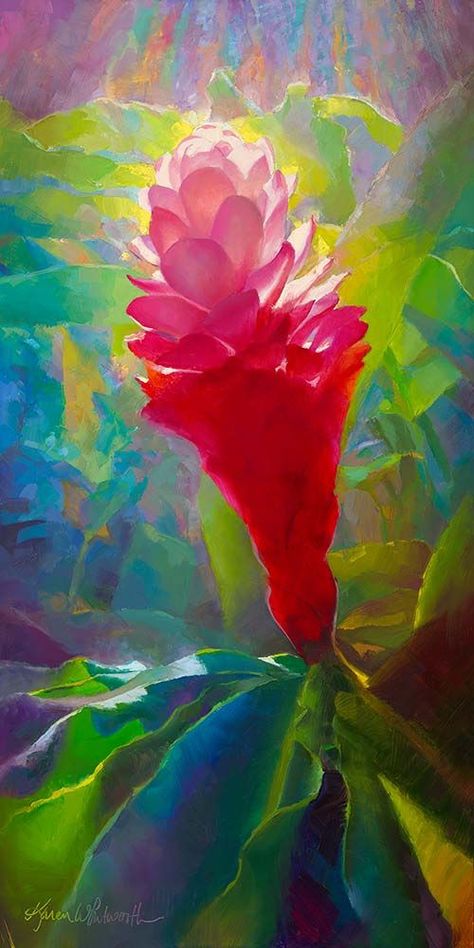 Hawaiian Flower Painting, Hawaiian Painting, Heliconia Plant, Hawaiian Goddess, Torch Ginger, Hawaii Flowers, Pink Ginger, Ginger Flower, Tropical Painting