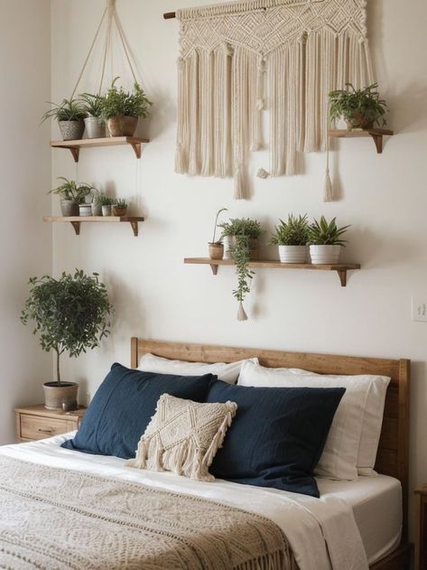 Enhance your bedroom decor by placing a large macrame wall hanging above the bed for a bohemian touch. Pair it with a sleek floating shelf to display small plants or art pieces for added visual interest. Shelf Above Bed, Large Macrame Wall Hanging, Wall Decor Ideas, Large Macrame, Floating Shelf, Small Plants, Dream Bedroom, Macrame Wall, Macrame Wall Hanging