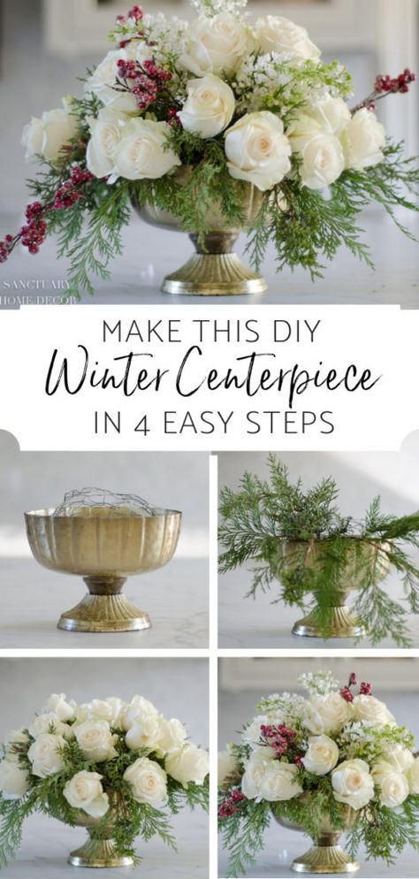 An Easy DIY White Rose and Pine Winter Centerpiece Winter Flower Arrangements, Winter Centerpiece, Winter Floral Arrangements, Winter Centerpieces, Christmas Flower Arrangements, Diy Winter, Home Floral Arrangements, Diy Arrangements, Christmas Floral Arrangements