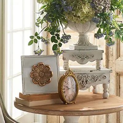 THE GILDED GARDEN | Shop Sales Events Antique Farmhouse Vibe Place, Painted Hydrangea, Antique Living Room, Office Bookshelf, Clock Antique, Farmhouse Vase, Mantel Clocks, Candle Style Chandelier, Metal Lanterns