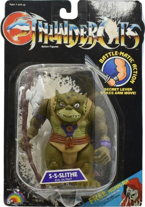 S-S-Slithe is a reptile mutant and features Battle-matic action. Thundercats action figures originally released in 1985 from LJN. Includes battle axe and battle-matic action via secret lever that makes the arm move. Thundercats Toys, Thundercats, Action Figures, Toys, Quick Saves