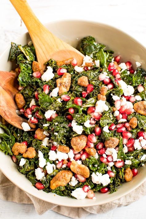 This kale pomegranate salad is super easy to whip up and makes for a festive and healthy red and green centerpiece. Perfect for serving at Christmas dinner or brunch. #christmassalad #holidaysalad #kalesalad Kale Salads, Cheese Christmas, Salad With Goat Cheese, Goat Cheese Appetizer, Christmas Salad, Balanced Eating, Pesto Tortellini, Christmas Salads, Yummy Salads