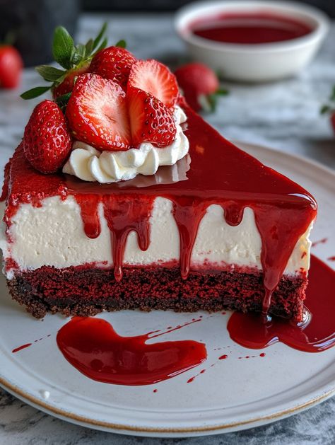 Red Velvet Cheesecake
 
🍚 𝗜𝗻𝗴𝗿𝗲𝗱𝗶𝗲𝗻𝘁𝘀 🍚
Red Velvet Cake:
1 1/2 cups all-purpose flour 🍚
1 cup sugar 🍬
1/2 cup unsalted butter, softened 🧈
2 eggs 🥚
2 tbsp cocoa powder 🍫
1 tsp vanilla extract 🍦
1/2 cup buttermilk 🥛
1 tsp red food coloring ❤️
Cheesecake Layer:
16 oz cream cheese, softened 🧀
1/2 cup sugar 🍚
2 eggs 🥚
1 tsp vanilla extract 🍦
Topping:
1 cup strawberries 🍓
1/4 cup strawberry sauce 🍓 Red Velvet Dream Cake, Red Velvet Cake Christmas, Valentine Cheesecake, Christmas Red Velvet Cake, Birthday Cake Cheesecake, Christmas Red Velvet, Cheesecake Ingredients, Strawberry Cake Filling, Dairy Free Cheesecake