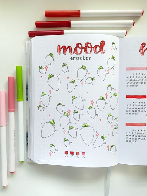 Strawberry Mood Tracker, Strawberry Bullet Journal, Bullet Journal Topics, Journal June, Bullet Journal Contents, Strawberry Theme, Bullet Journal Ideas Templates, Bullet Journal Notes, Bullet Journal Paper