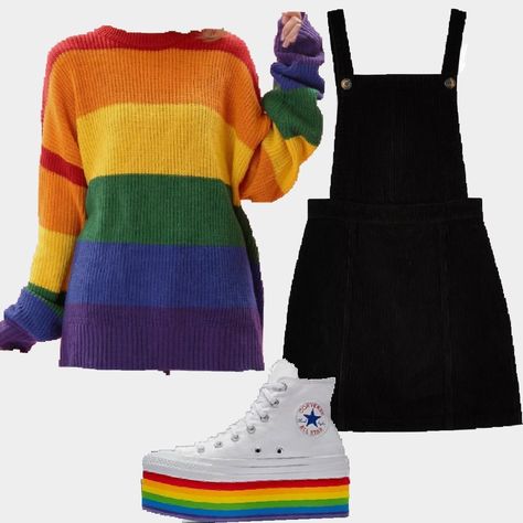 Rainbow Academia Outfits, Black And Rainbow Outfit, Pride Outfits Aesthetic, Cute Rainbow Outfits, Pride Party Outfit, Diy Pride Outfit, Rainbow Outfit Aesthetic, Cute Pride Outfits, Pride Outfit Ideas Women